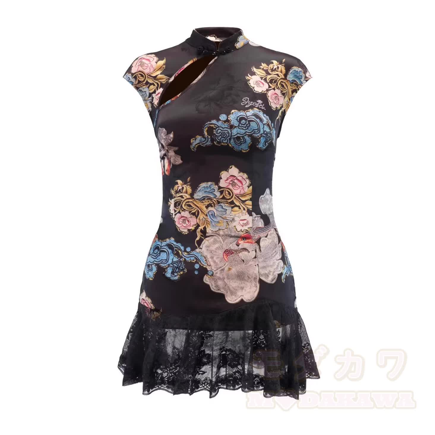 Vintage Cheongsam-Kleid mit Schnallen, Blumenspitze - Schwarz - L - image 2