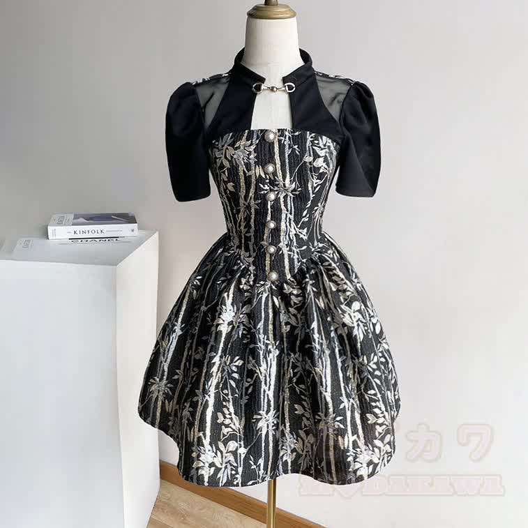 Kleid mit Blumenmuster und Puffärmeln - Schwarz - L - image 2