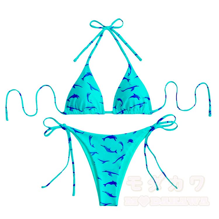Modakawa Damen-Bikini mit Delfinmotiv und Bindebändern, zweiteilig - Grün - 4XL - image 2