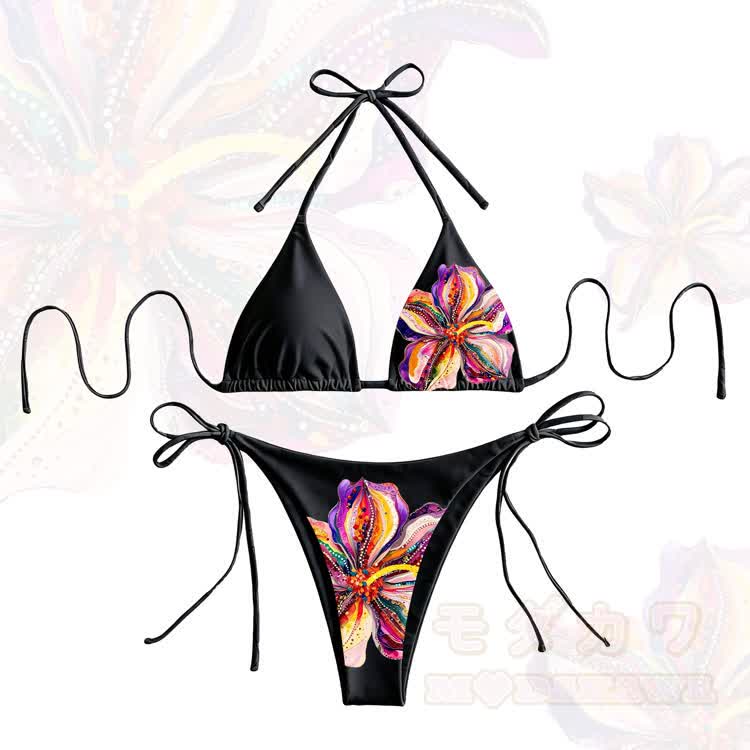 Zweiteiliger Damen-Bikini mit Blumenmuster und Bindebändern von Modakawa - Schwarz - 4XL - image 2