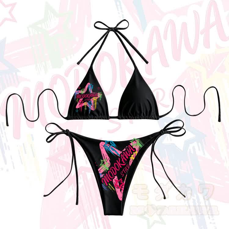 Modakawa Damen-Bikini mit Sternenmuster und Bindebändern, zweiteilig - Schwarz - 4XL - image 2