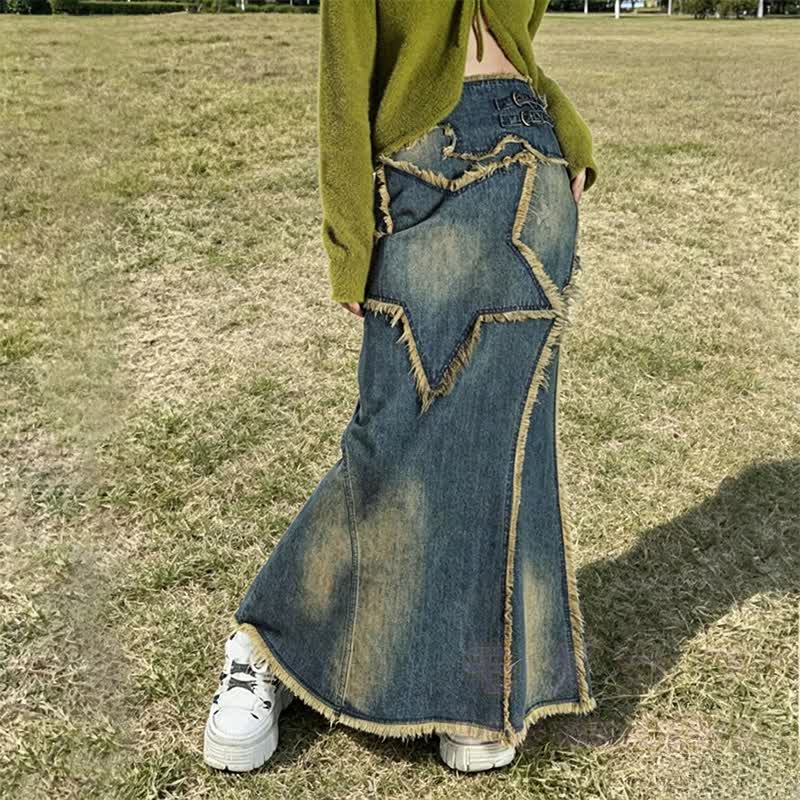 Sternen-Patchwork-Jeans-Maxirock - image 1