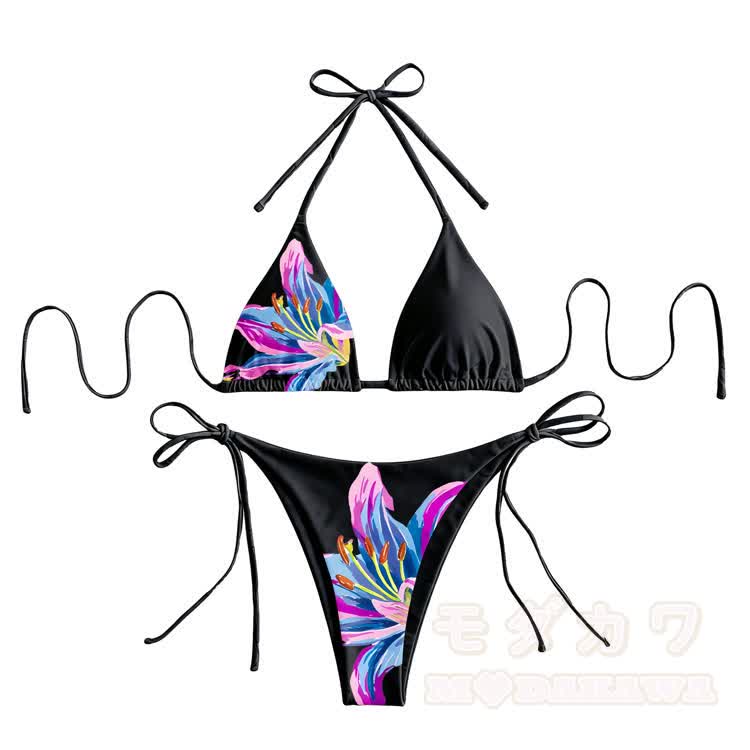 Buntes Lilien-Bikini-Set für Damen, Modakawa, zweiteilig - Schwarz - 4XL - image 2