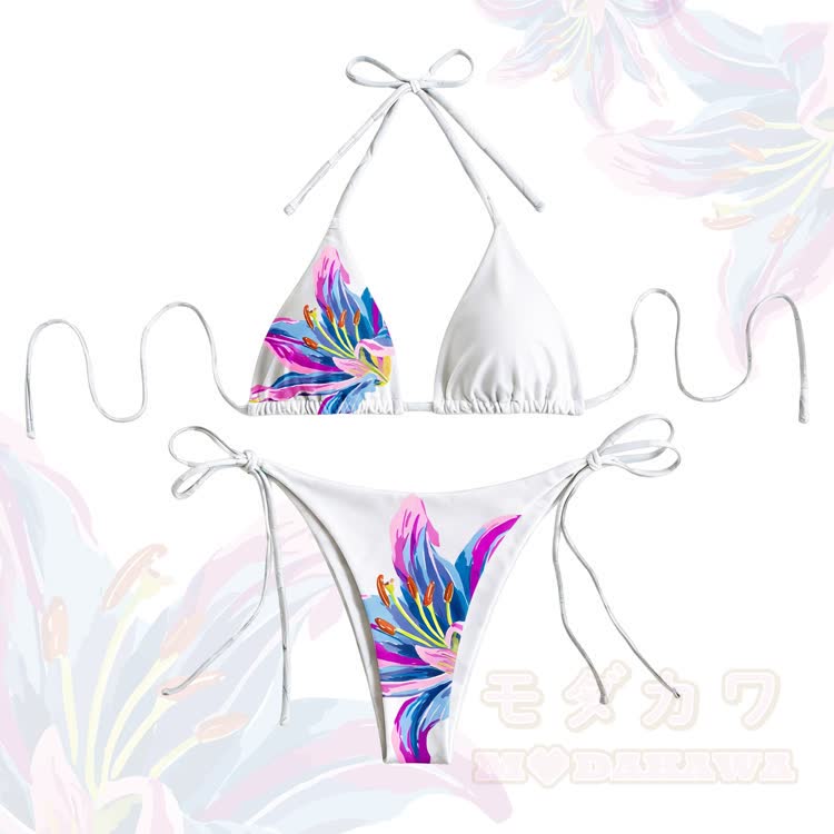 Buntes Lilien-Bikini-Set für Damen, Modakawa, zweiteilig - Weiß - 4XL - image 1