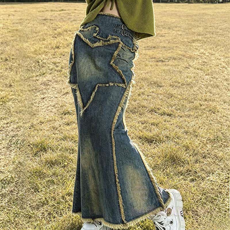 Sternen-Patchwork-Jeans-Maxirock - image 2
