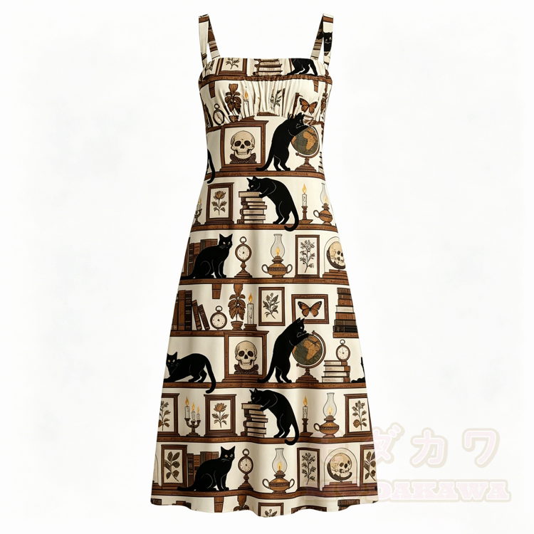 Schwarzes Katzenschädel-Bücherregal-Motiv Modakawa Slipkleid - Mehrfarbig - 3XL - image 1