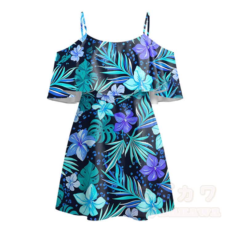 Damenkleid mit blauem tropischem Blumenmuster und Cut-Out-Schultern - Blau - 5XL - image 2