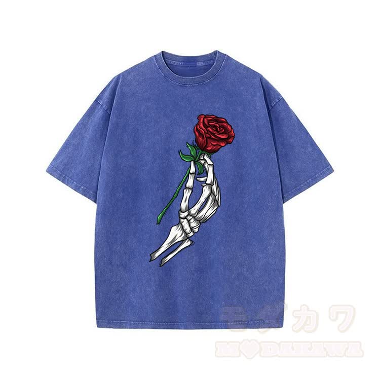 Modakawa Vintage T-Shirt mit Totenkopf-, Hand- und Rosenmotiv, gewaschen aus 100 % Baumwolle - Blau - 5XL - image 2