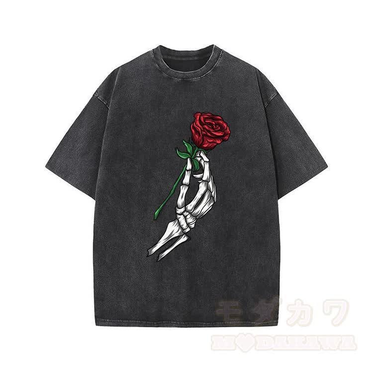 Modakawa Vintage T-Shirt mit Totenkopf-, Hand- und Rosenmotiv, gewaschen aus 100 % Baumwolle - Schwarz - 5XL - image 1