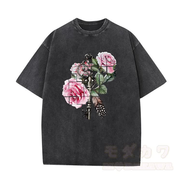 Modakawa Vintage T-Shirt mit Rosenmotiv, gewaschen aus 100 % Baumwolle - Schwarz - 5XL - image 2