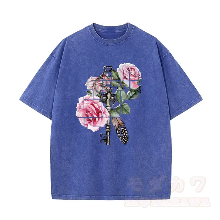Modakawa Vintage T-Shirt mit Rosenmotiv, gewaschen aus 100 % Baumwolle - Blau - 5XL - image 1