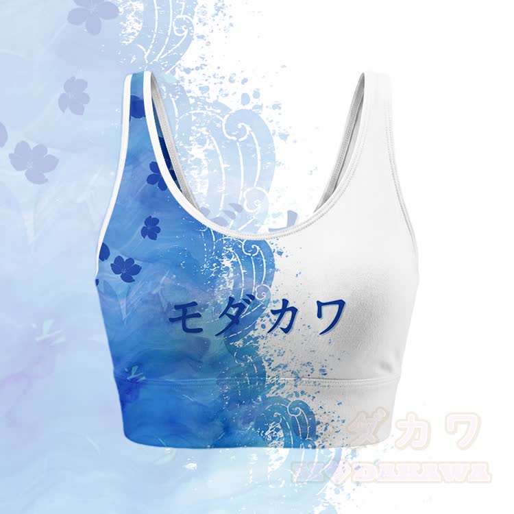 Crop-Top mit Blumenmuster, Sport-Top, Shorts, Bikini, Modakawa-Partnerlook - Blau-weißes Oberteil - 5XL - image 2