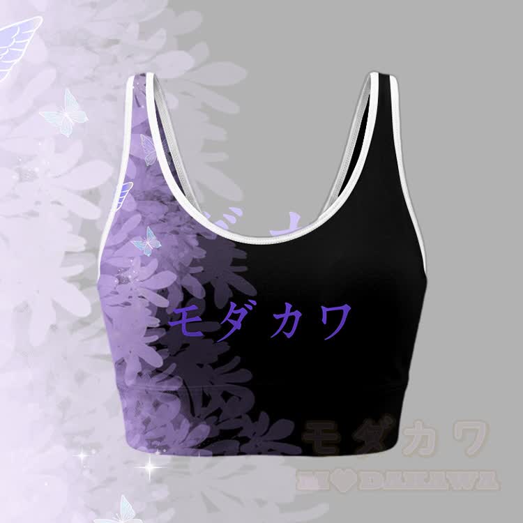 Butterfly Graphic Crop Tank Sport Top Shorts Bikini Modakawa Matching Outfit - Lila-schwarzes Top - 5XL - image 2