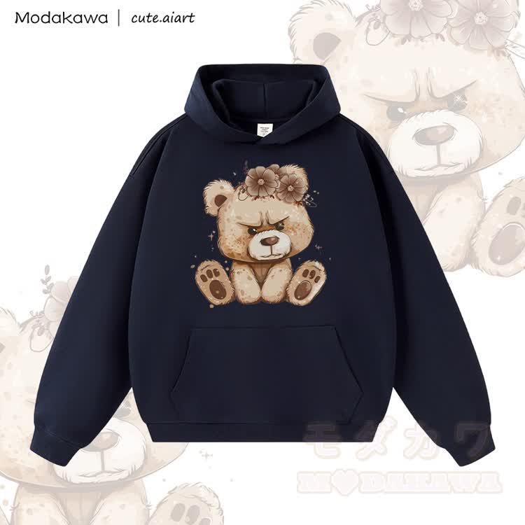 MODAKAWA X cute.aiart Floral Bear Graphic Warm Thick Hoodie - Purpurblau - 3XL - image 1