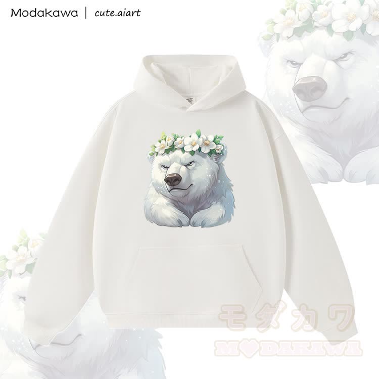 MODAKAWA X cute.aiart Warmer, dicker Hoodie mit Blumen- und Eisbärenmotiv - Weiß - 3XL - image 1
