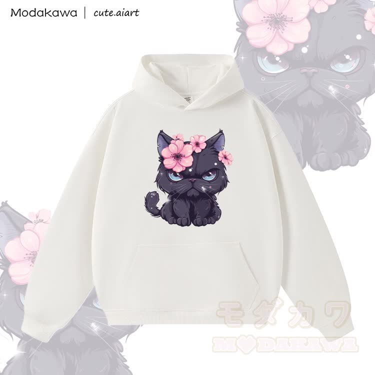 MODAKAWA X cute.aiart Schwarzer, dicker Hoodie mit Katzenmotiv - Weiß - 3XL - image 2