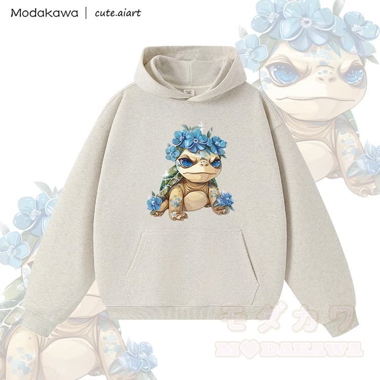 MODAKAWA X cute.aiart Floral Turtle Graphic Warm Thick Hoodie - Hellbeige - 3XL - image 1