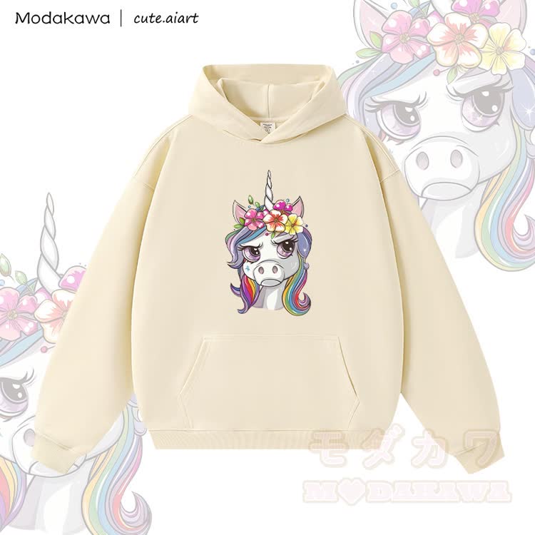 MODAKAWA X cute.aiart Floral Unicorn Graphic Warm Thick Hoodie - Aprikose - 3XL - image 1