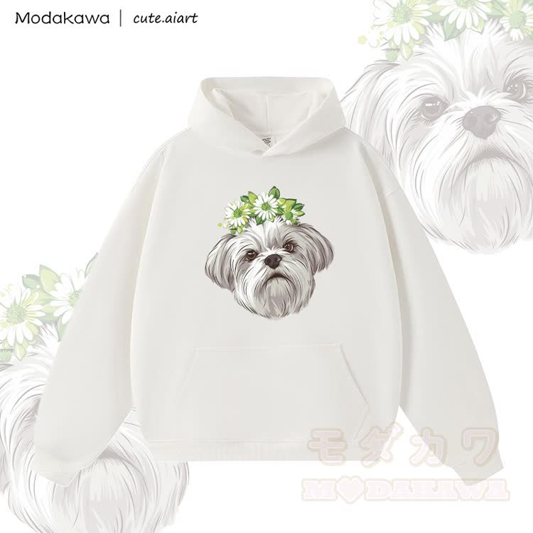 MODAKAWA X cute.aiart Floral Puppy Graphic Warm Thick Hoodie - Weiß - 3XL - image 2