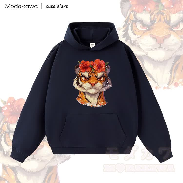 MODAKAWA X cute.aiart Floral Tiger Graphic Warm Thick Hoodie - Purpurblau - 3XL - image 2