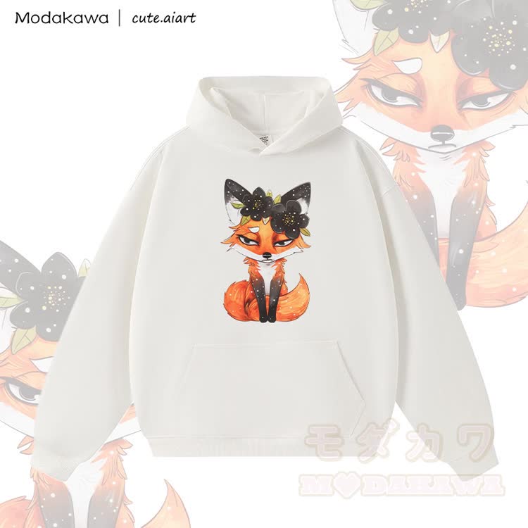MODAKAWA X cute.aiart Floral Fox Graphic Warm Thick Hoodie - Weiß - 3XL - image 2