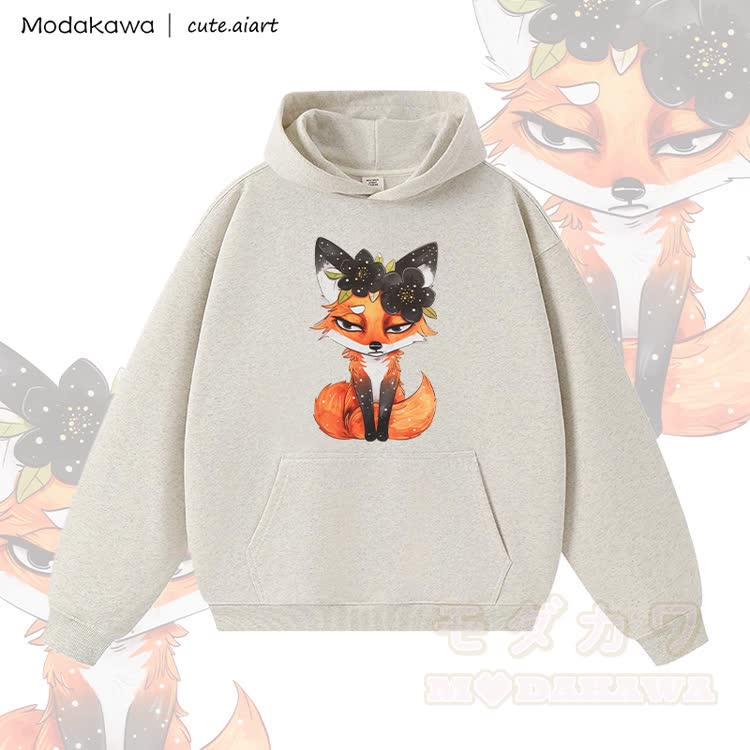 MODAKAWA X cute.aiart Floral Fox Graphic Warm Thick Hoodie - Hellbeige - 3XL - image 1