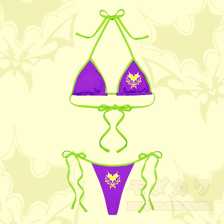 MODAKAWA X Aki Damen-Bikini-Set mit Streifenmuster und Fledermausherz-Grafik - Lila & Grün - 4XL - image 2