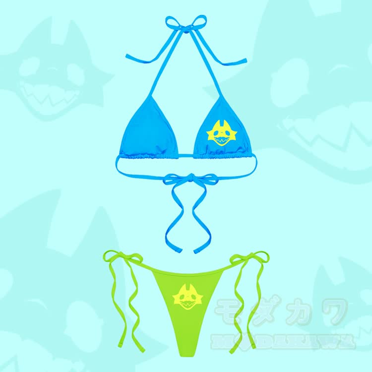 MODAKAWA X TiramisuRat Rat Face Graphic Damen-Bikini-Set mit Streifen und Bindebändern, zweiteilig - Blau & Grün - 4XL - image 2