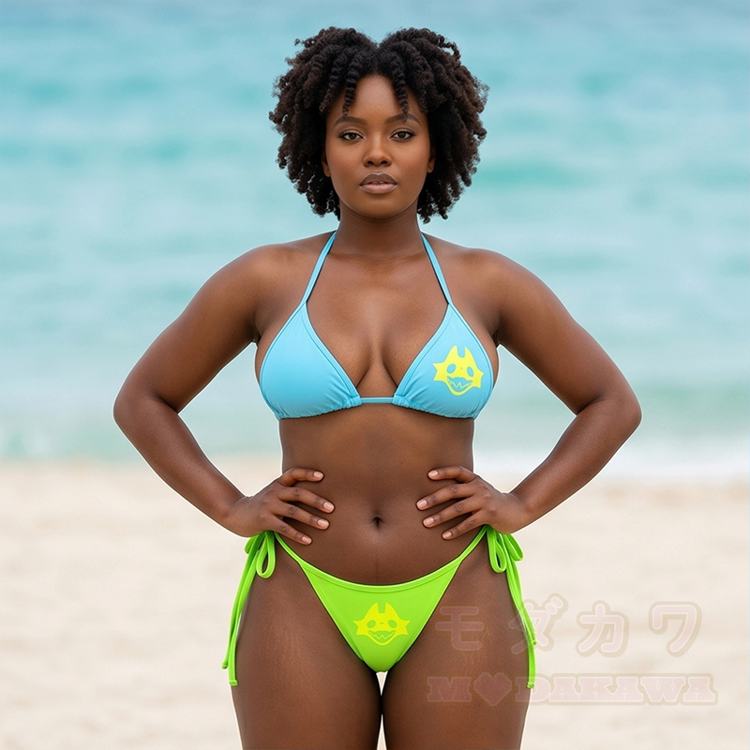 MODAKAWA X TiramisuRat Rat Face Graphic Damen-Bikini-Set mit Streifen und Bindebändern, zweiteilig - image 1