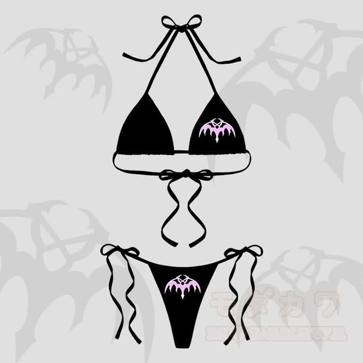 MODAKAWA X Aki Damen-Bikini-Set mit Fledermausflügel-Grafik, Streifenmuster und Bindebändern, zweiteilig - Schwarz - 4XL - image 2