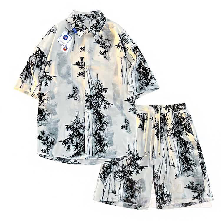 Set aus Hemd und Shorts mit Bambusprint im Ink Wash-Stil - Satz A - 5XL - image 1