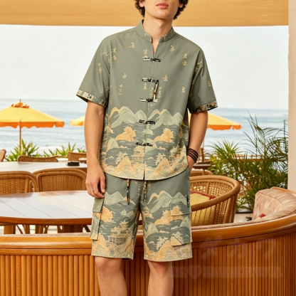 Vintage-Print-Urlaubs-Frosch-Knopf-Hemd-Shorts-Set - Dunkelkhaki - 4XL - image 8