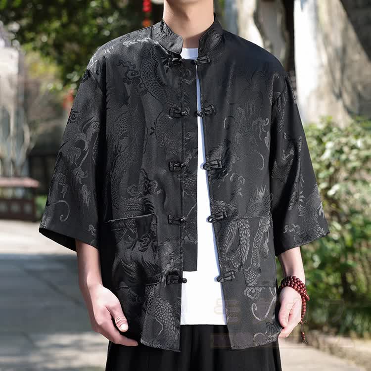 Oversize-Hemd mit Drachen-Jacquard-Muster und Stehkragen - Drachenschwarz - 5XL - image 1