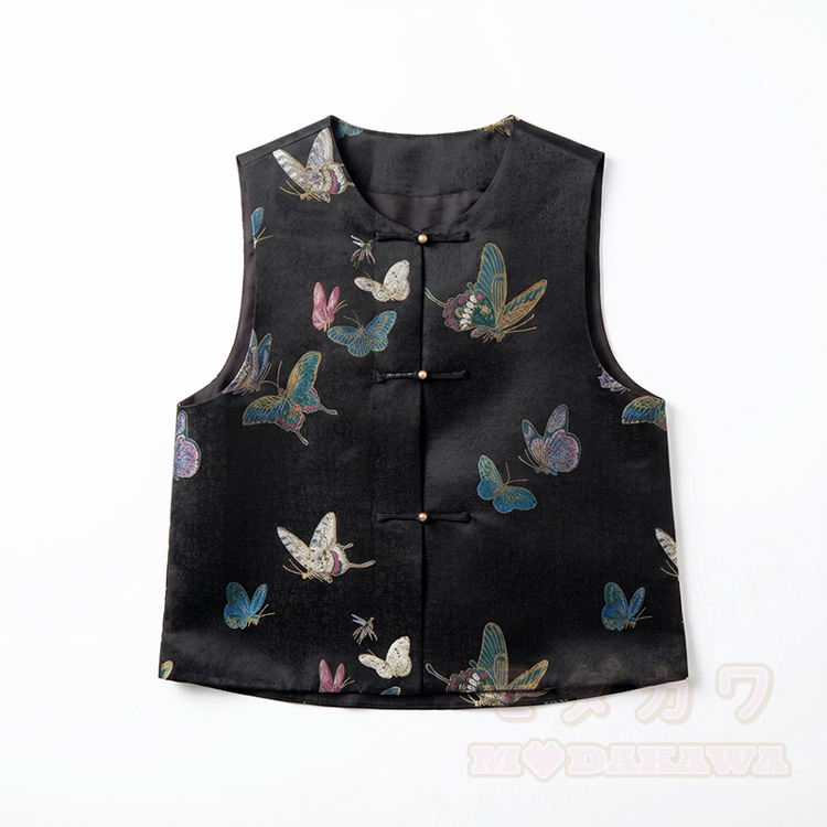 Ärmellose Weste mit Schmetterlingsmuster und Froschknöpfen - Schwarz - 3XL - image 2
