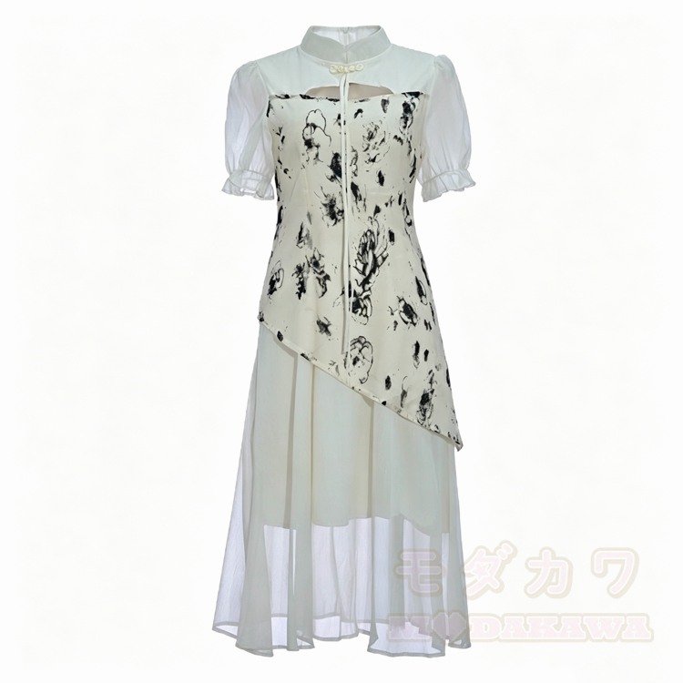Midikleid mit Blumenmuster, Puffärmeln und Stehkragen, in Tintenblau - image 1