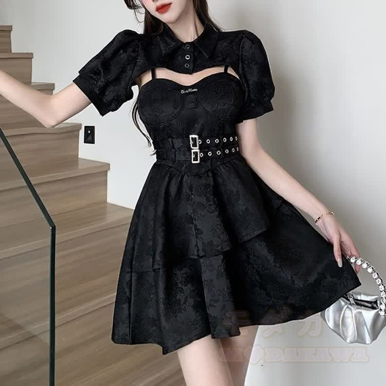Schwarzes Gothic-Knopftop-Minikleid-Set - image 2