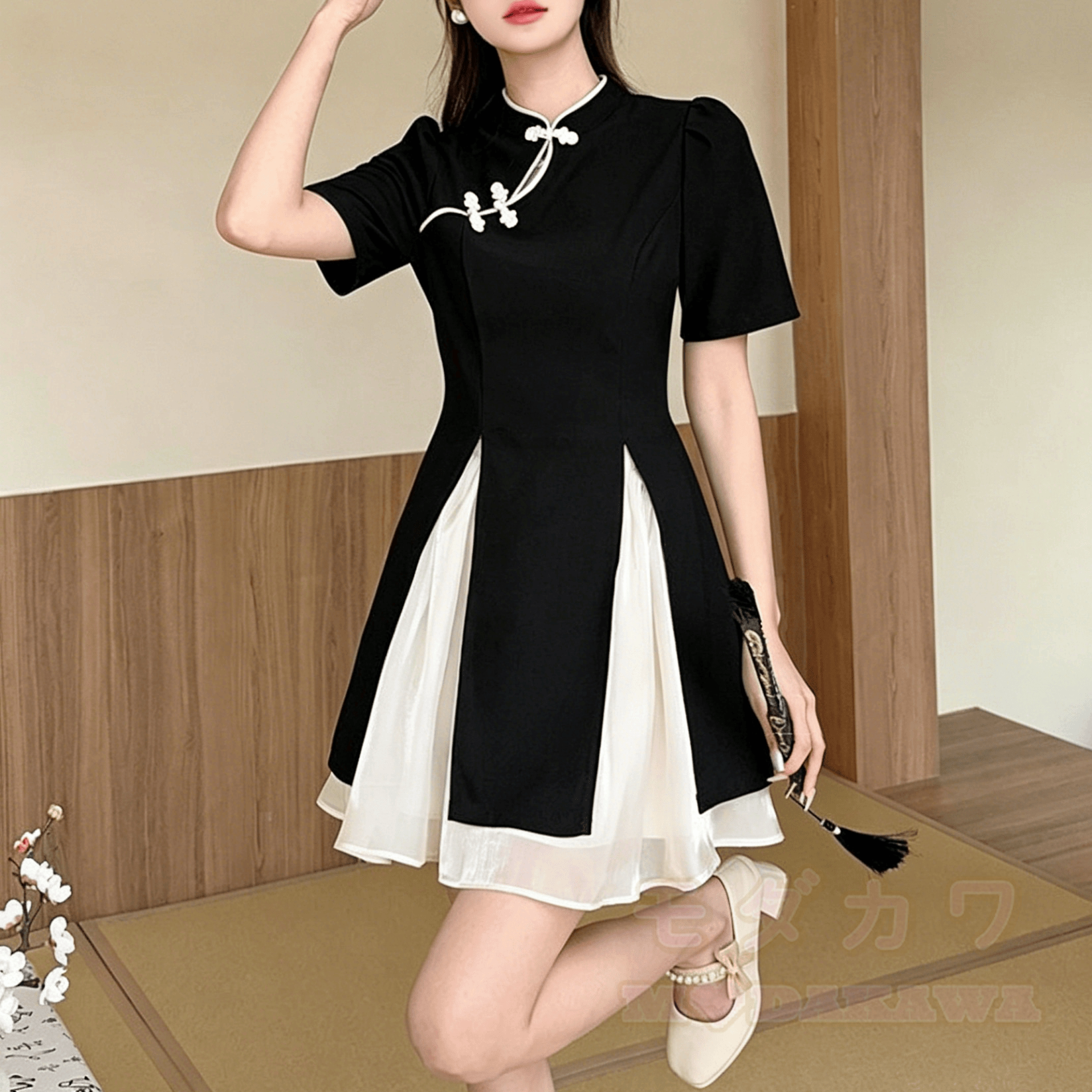 Chinesisches Knopfkleid und Netzrock, zweiteiliges Set - Schwarz - XL - image 2