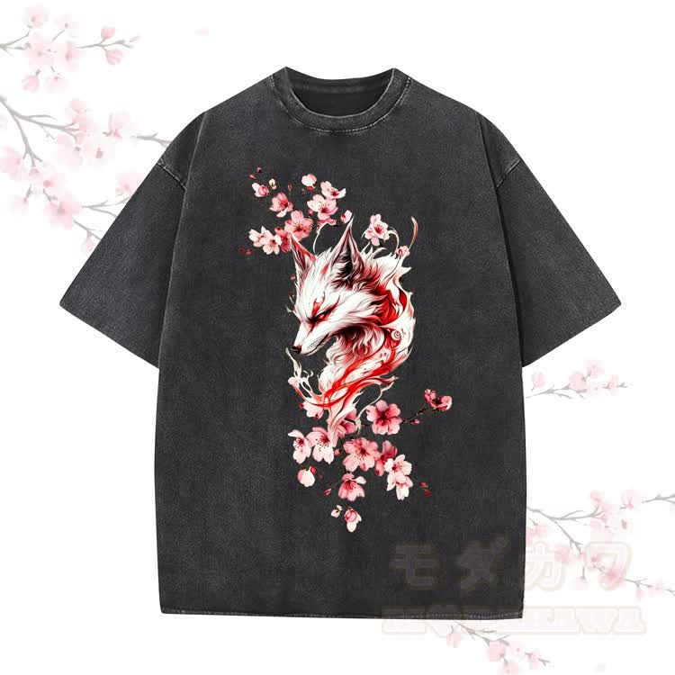 Fox Sakura Grafik Modakawa Vintage gewaschenes T-Shirt aus 100% Baumwolle - Schwarz - 5XL - image 2