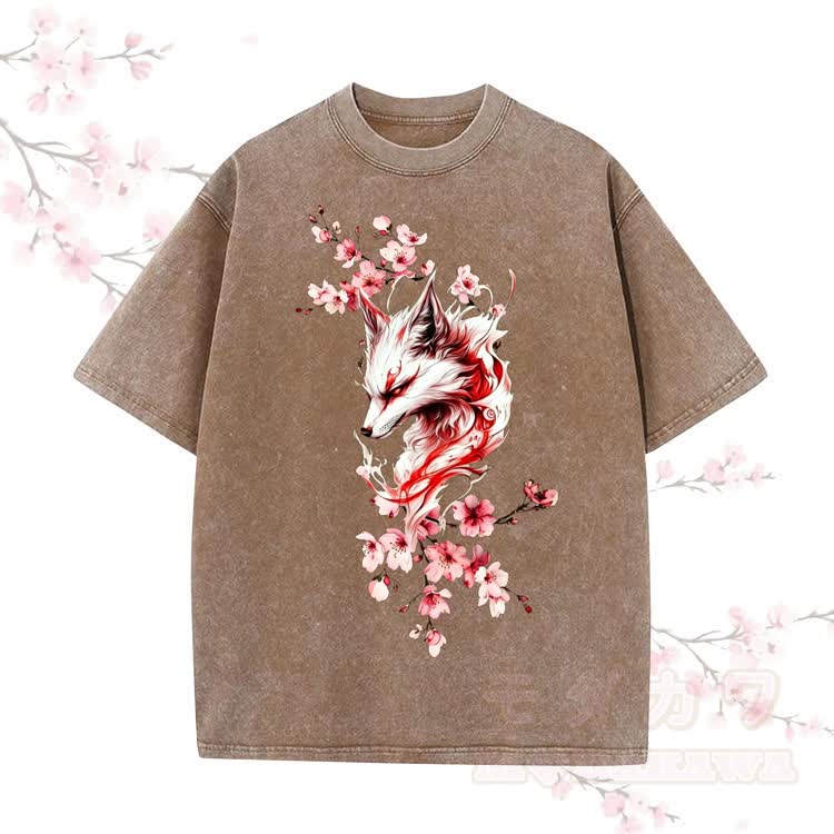 Fox Sakura Grafik Modakawa Vintage gewaschenes T-Shirt aus 100% Baumwolle - Braun - 5XL - image 1