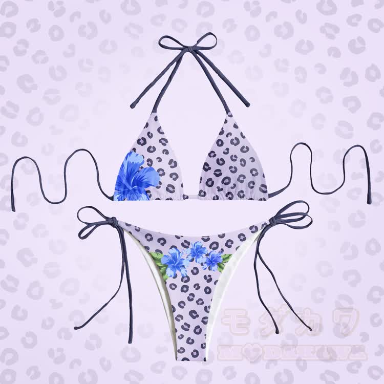 Zweiteiliger Badeanzug mit Leopardenmuster und Blumenmuster, gestreift und zum Binden, Modakawa-Bikini-Set für Damen - Blau - 4XL - image 2