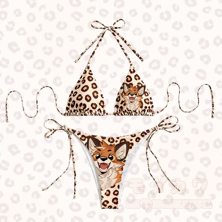 MODAKAWA X atka Fox Graphic Damen-Bikini-Set mit Streifenmuster und Bindebändern, zweiteilig - Braun - 4XL - image 1