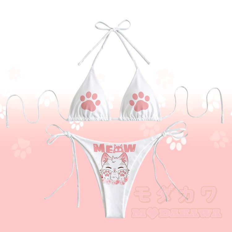 MEOW Kitty Graphic Damen-Bikini mit Streifenmuster und Bindebändern, Modakawa Zweiteiler-Set - Weiß - 4XL - image 2