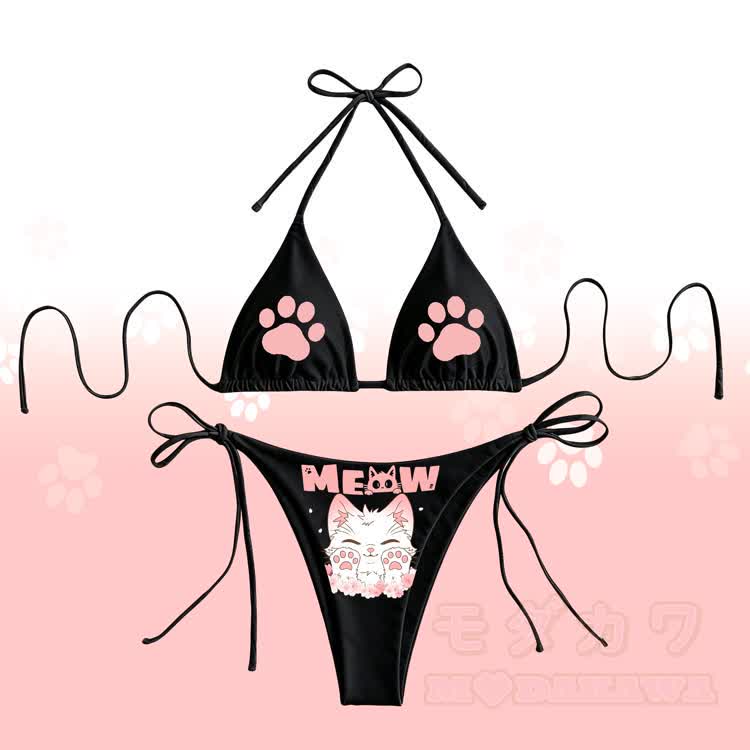 MEOW Kitty Graphic Damen-Bikini mit Streifenmuster und Bindebändern, Modakawa Zweiteiler-Set - Schwarz - 4XL - image 1