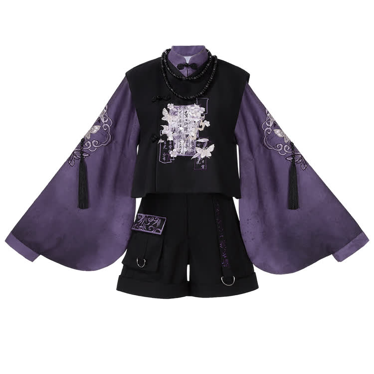 Weste mit Schmetterlingsstickerei, lila Oberteil mit Glockenärmeln, schwarze Shorts und Halskette - image 1
