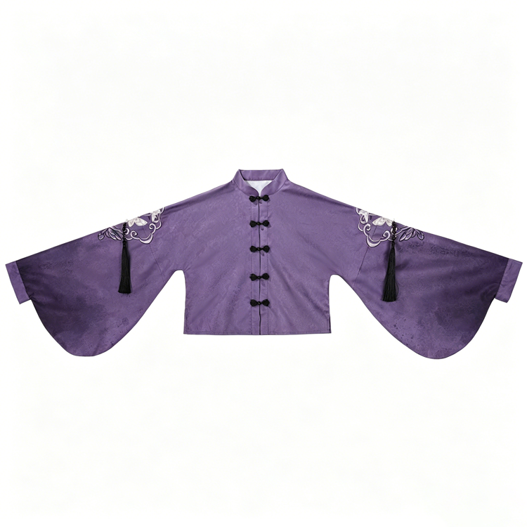 Weste mit Schmetterlingsstickerei, lila Oberteil mit Glockenärmeln, schwarze Shorts und Halskette - Top【Single】 - XL - image 2