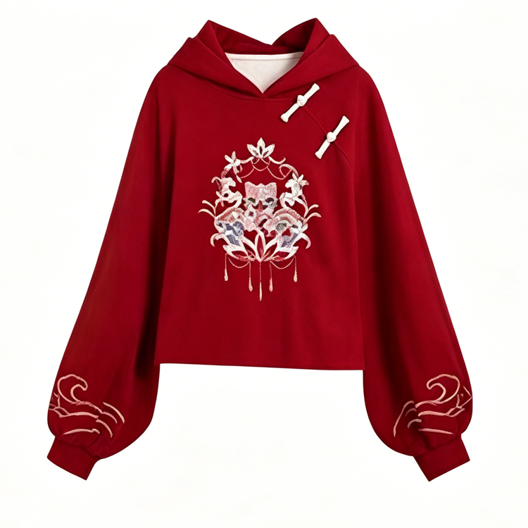 Roter bestickter Hoodie mit plissiertem Minirock im Mamian-Stil - Hoodie【Single】 - 4XL - image 2