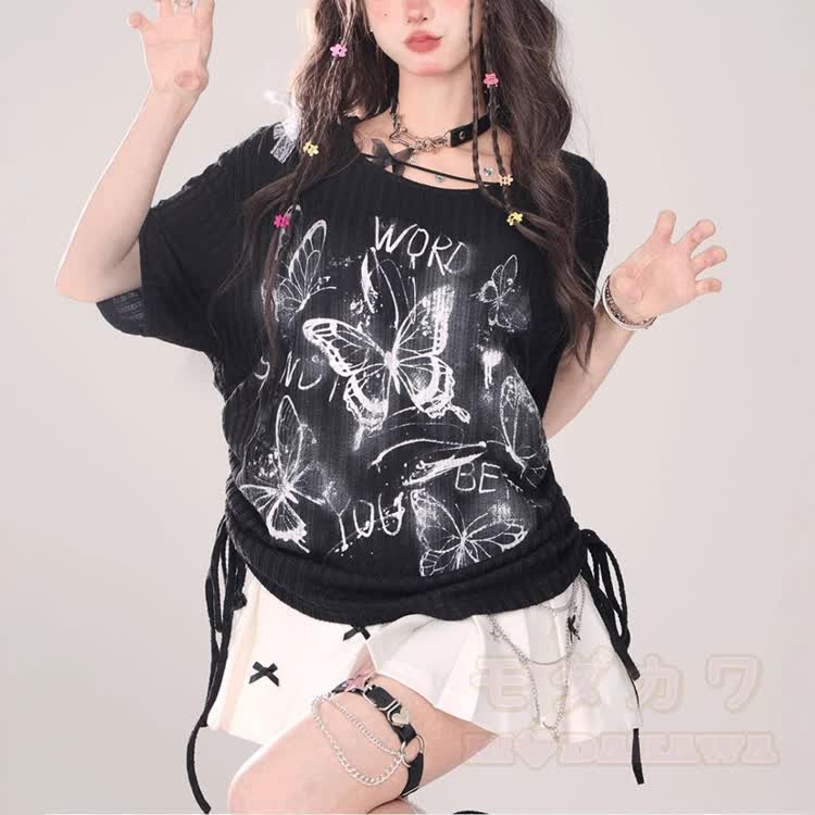 Oversized-T-Shirt mit Y2K-Schmetterlingsmotiv und rotem, gestuftem Minirock mit Karomuster. - T-Shirt【Einzeln】 - XL - image 2