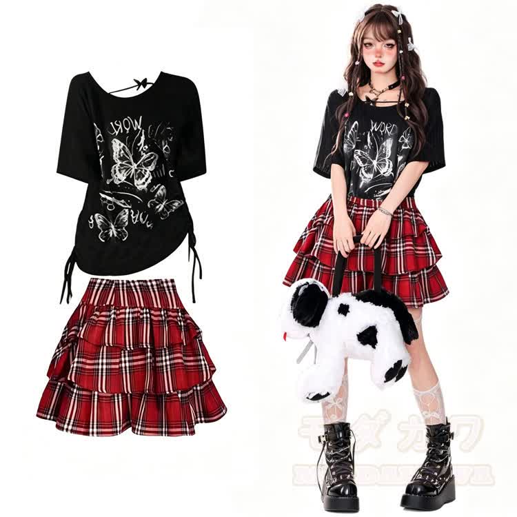 Oversized-T-Shirt mit Y2K-Schmetterlingsmotiv und rotem, gestuftem Minirock mit Karomuster. - Set【T-Shirt+Rock】 - XL - image 1
