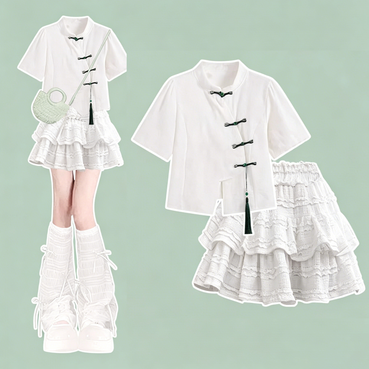 Quasten-Top mit Froschknöpfen und mehrlagigem Minirock aus Spitze - Set【Top+Skirt 】 - XL - image 1