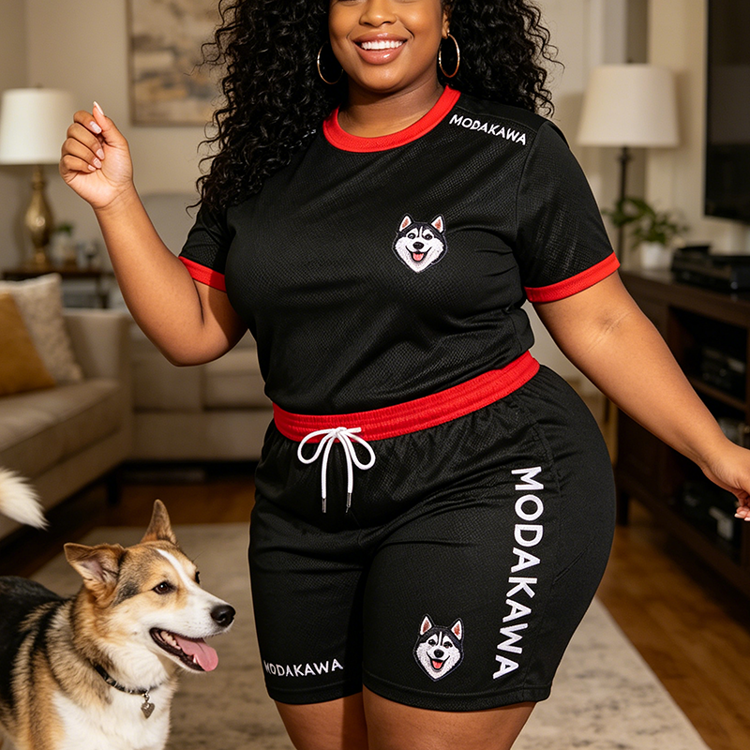 Sport-T-Shirt mit Husky-Motiv, Shorts mit Kordelzug, Modakawa-Partnerlook - image 1
